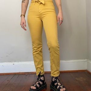 Lauren Conrad, yellow high rise straight cut pants with ribbon belt